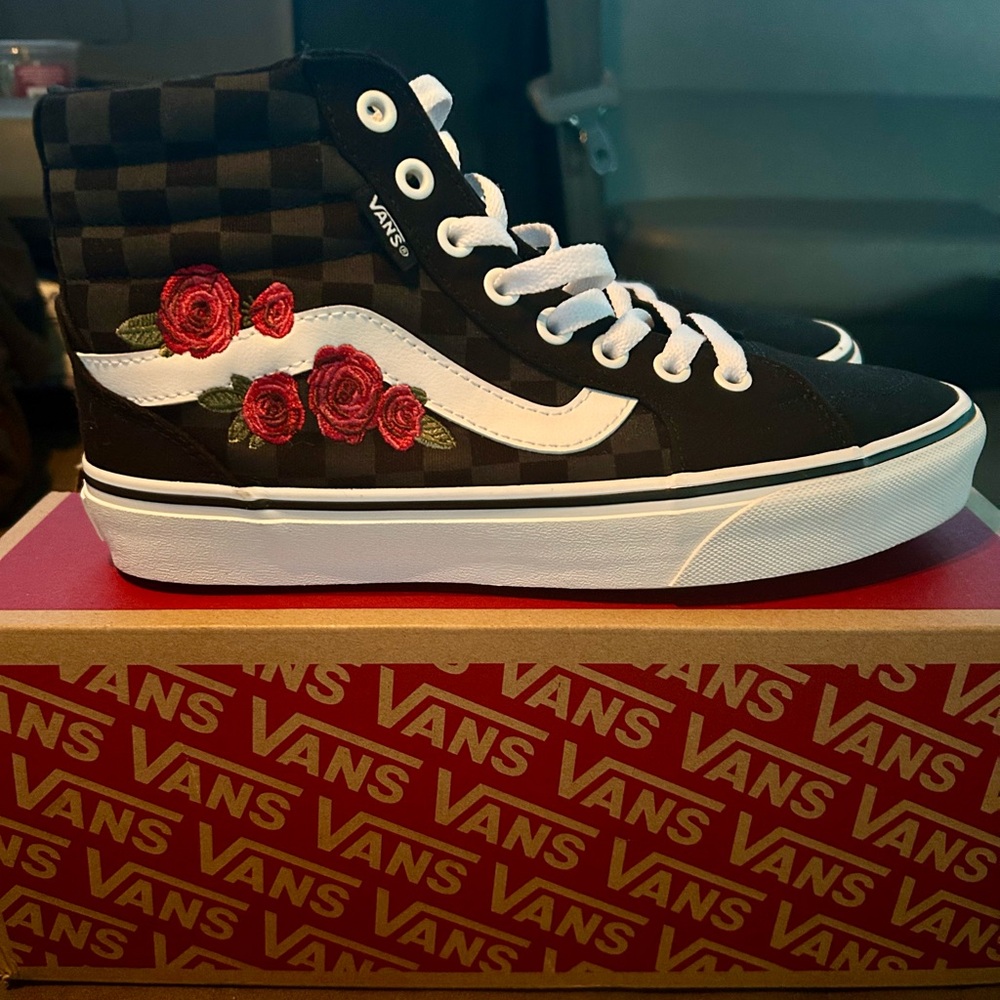 Vans Black High-Top Sneakers with Red Rose Embroidery